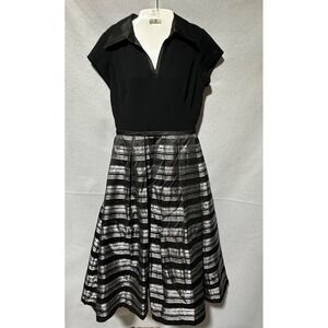 Theia Black and Silver Metallic Stripe Fit & Flare Cocktail Party Dress Size 8
